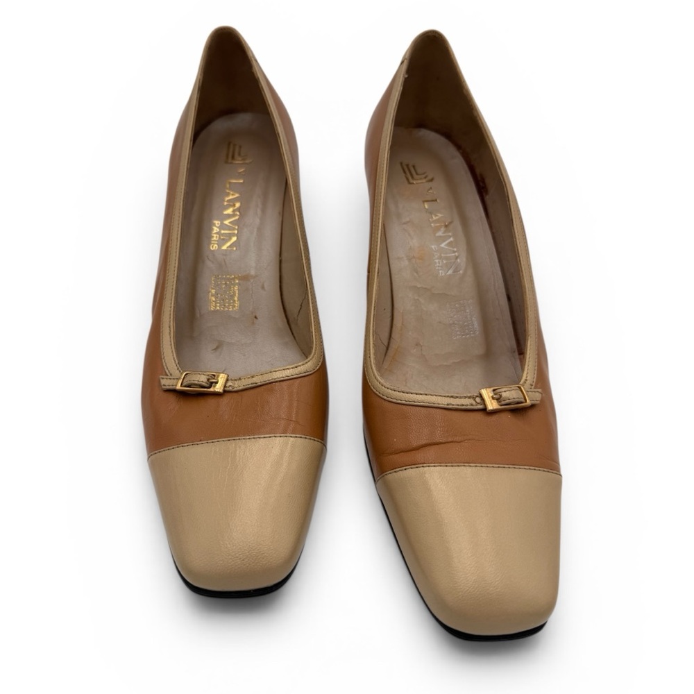 LANVIN VTG late 80s 90s Two-Tone Beige Tan Leather Pumps with Gold Buckle Sz 7